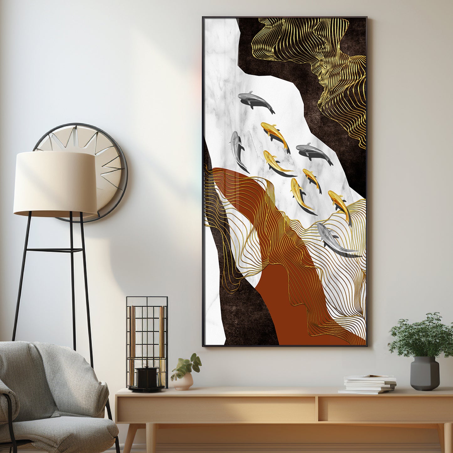 Golden Fish Elegance Premium Acrylic Vertical Wall Art
