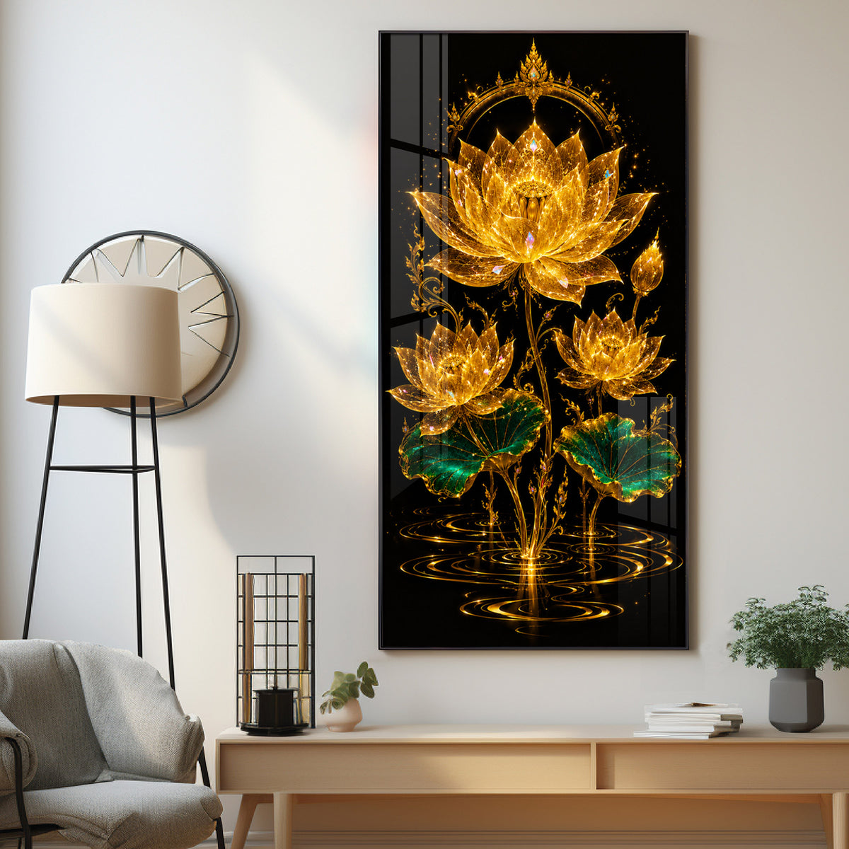 Sacred Golden Lotus Bloom Premium Acrylic Vertical Wall Art