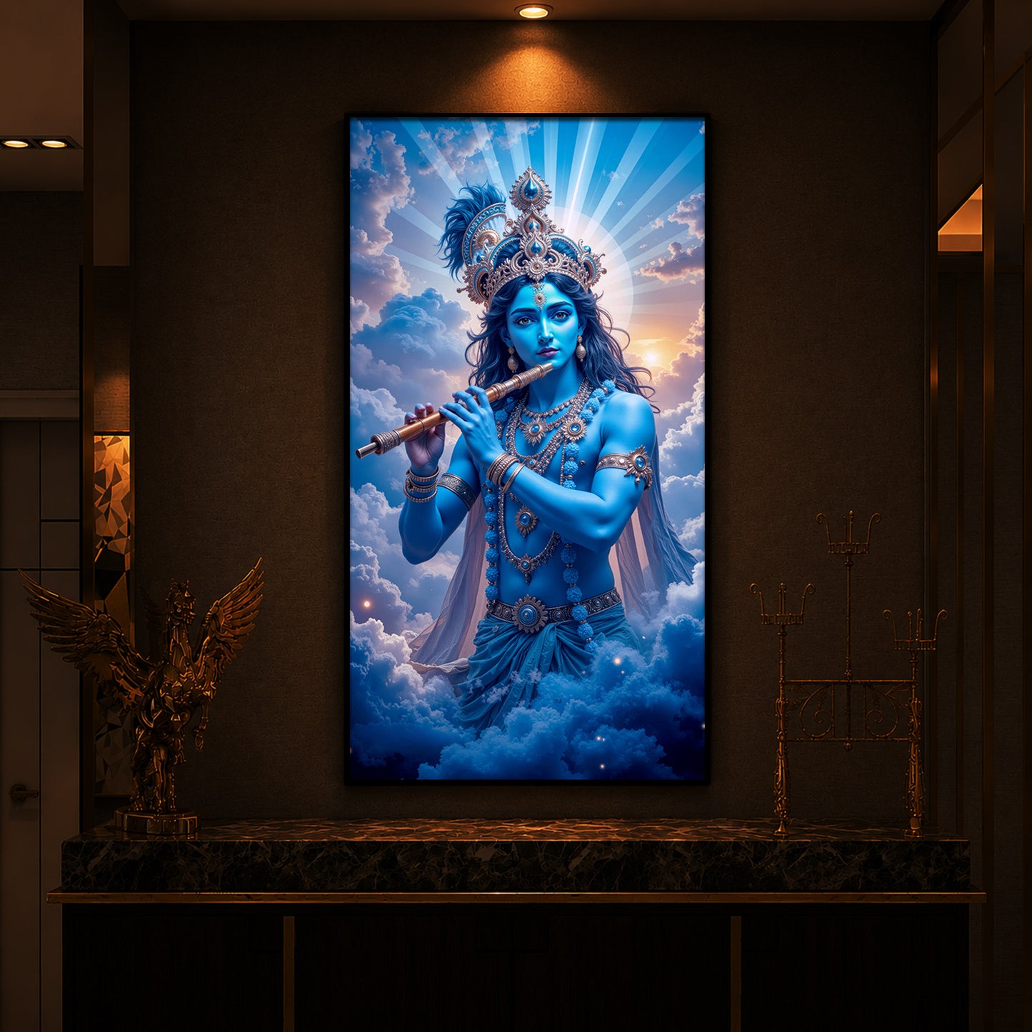 Lord Shri Krishna Modern Luxury Backlight Vertical Wall Art