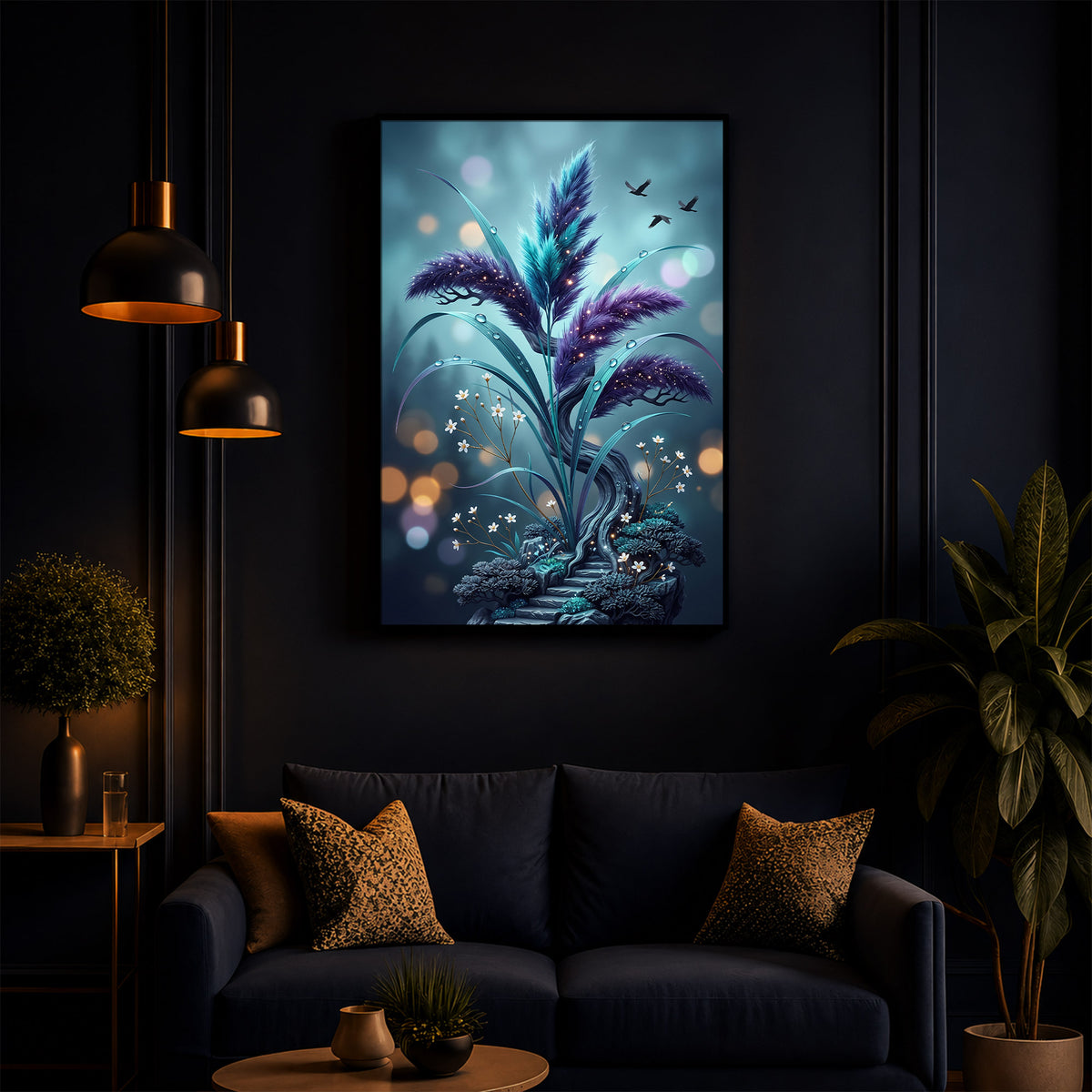 Mystical Purple Feather Plant Modern Luxury Backlight Vertical Wall Art