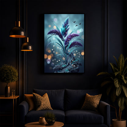 Mystical Purple Feather Plant Modern Luxury Backlight Vertical Wall Art