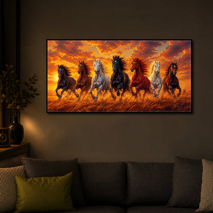 7 Running Horses With Sunset Modern Luxury Backlight Horizontal Wall Art