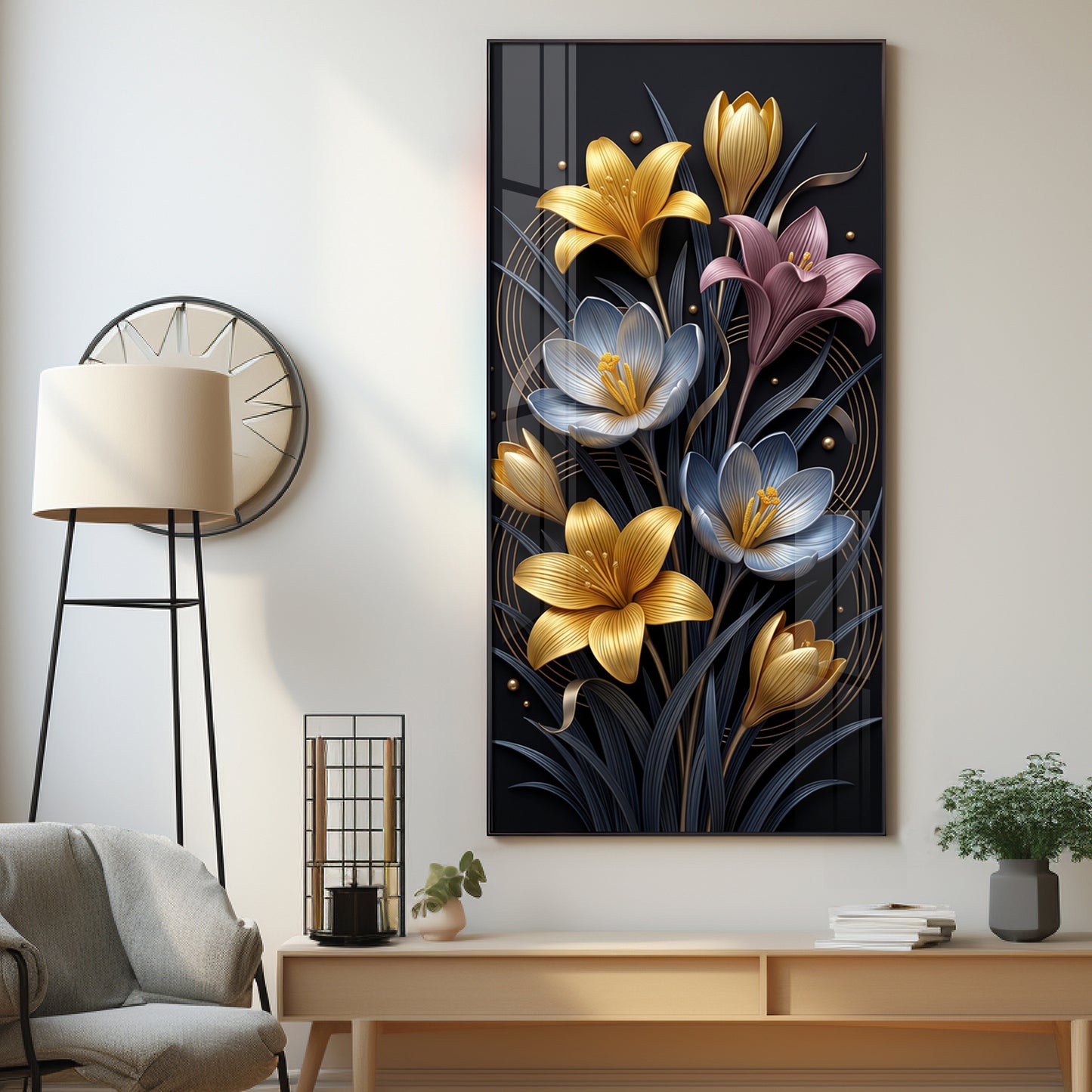 Metallic Floral Bouquet Gold & Blue Lilies Premium Acrylic Vertical Wall Art