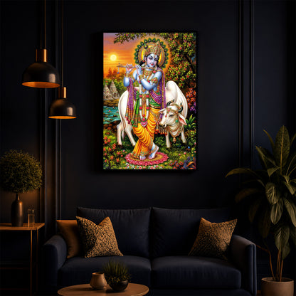 Lord Krishna Playing The Flute Modern Luxury Backlight Vertical Wall Art