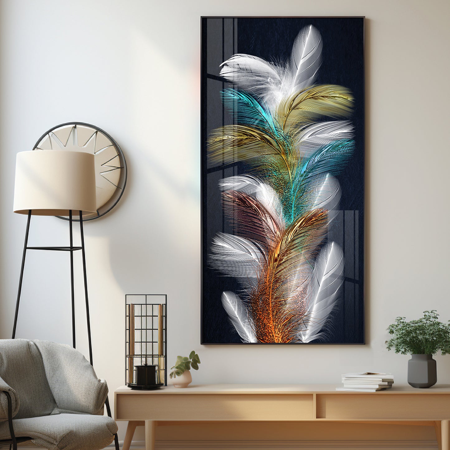 Sparkling Colorful Feather Premium Acrylic Vertical Wall Art