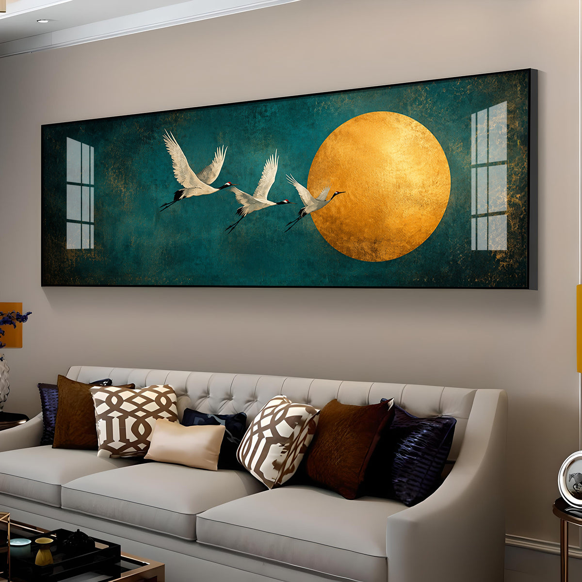 Three Cranes Golden Sun Teal Premium Acrylic Horizontal Wall Art