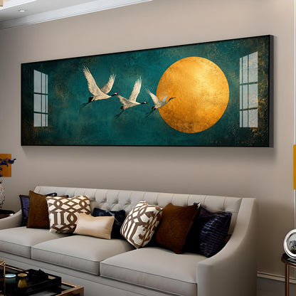 Three Cranes Golden Sun Teal Premium Acrylic Horizontal Wall Art