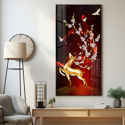 Golden Deer With Red Background Premium Acrylic Vertical Wall Art