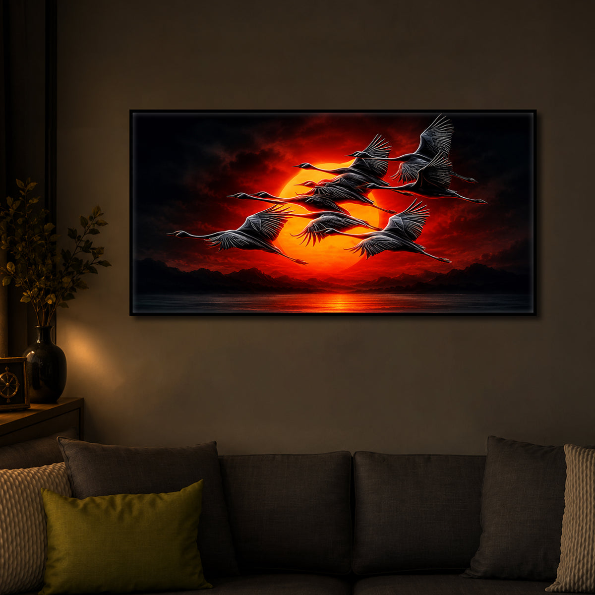 Flying Cranes At Sunset Modern Luxury Backlight Horizontal Wall Art