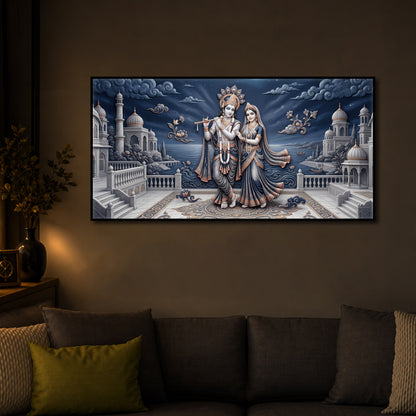 Divine Radha Krishna With Flute Modern Luxury Backlight Horizontal Wall Art