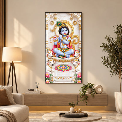 Krishna With White Cows Premium Acrylic Vertical Wall Art