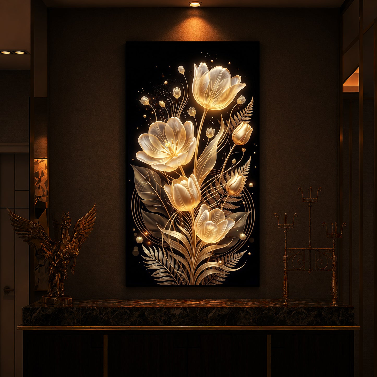 Golden Luminous Tulip Modern Luxury Backlight Vertical Wall Art