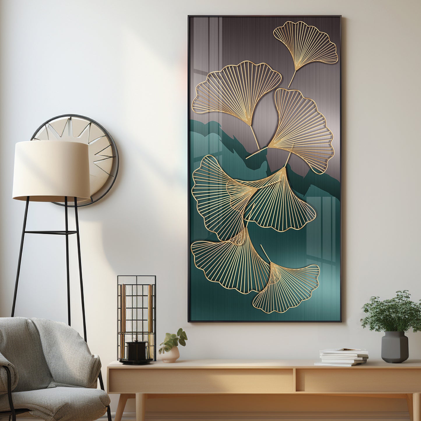 Golden Ginkgo Leaves With Dark green Premium Acrylic Vertical Wall Art