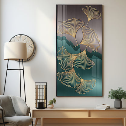 Golden Ginkgo Leaves With Dark green Premium Acrylic Vertical Wall Art