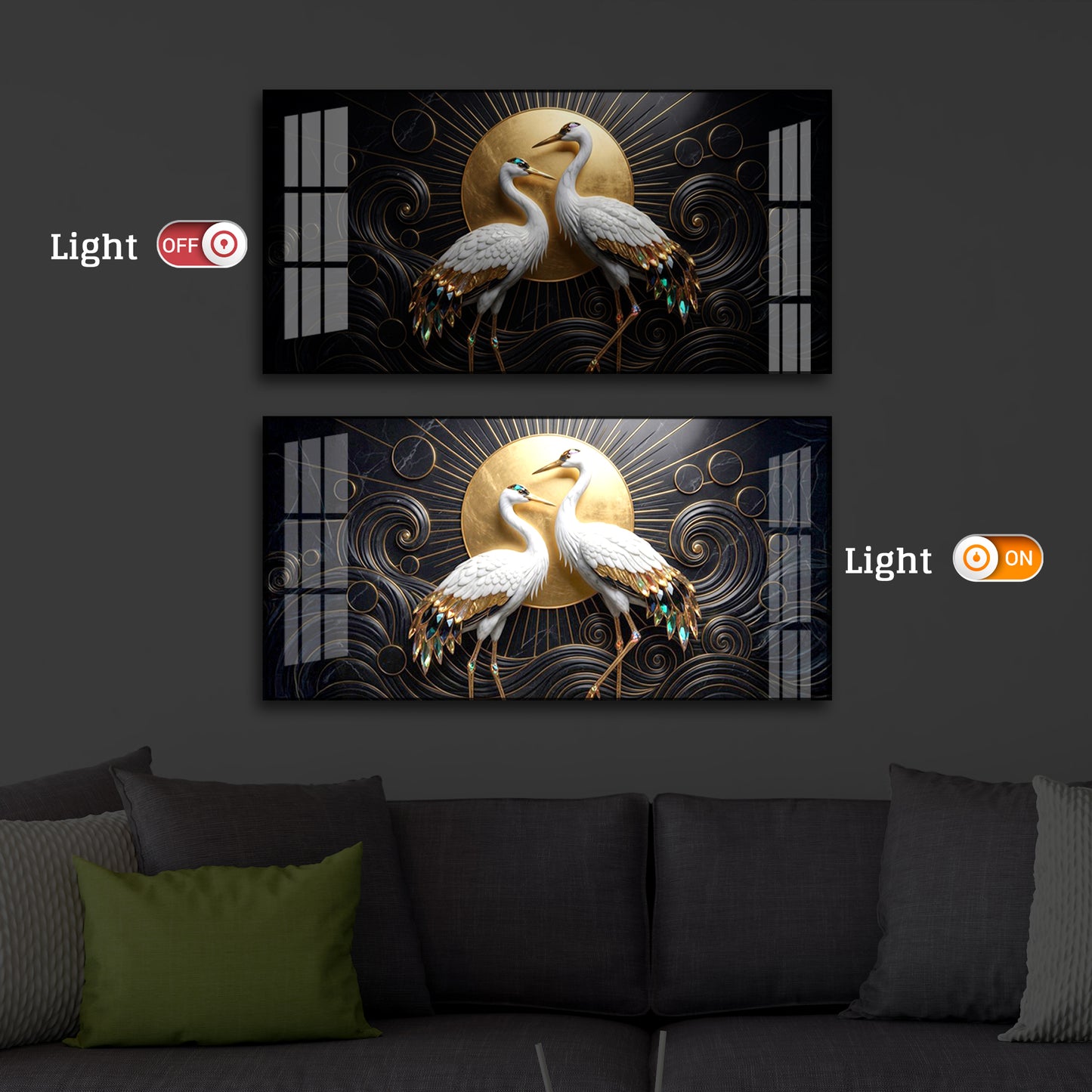 White Crane Modern Luxury Backlight Horizontal Wall Art