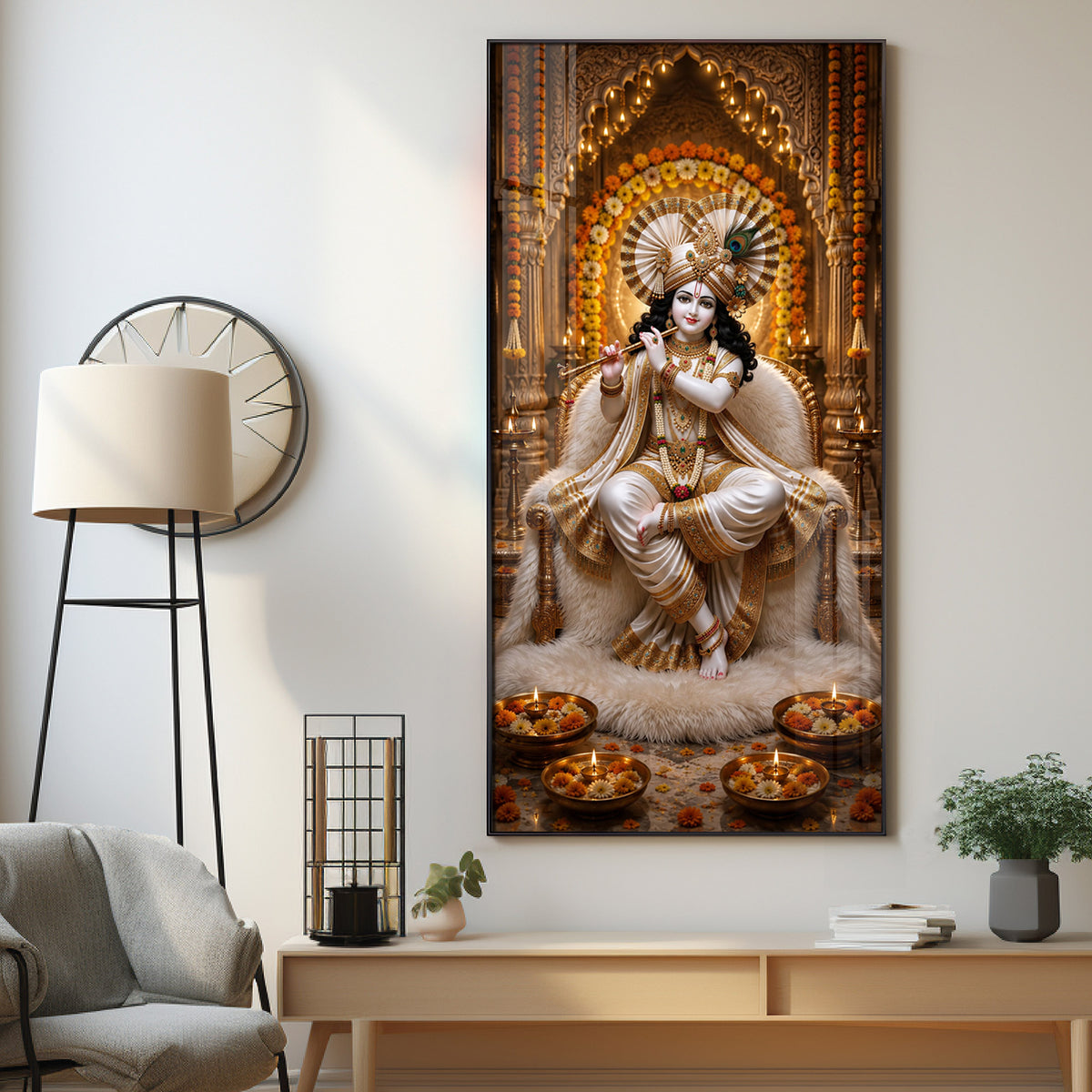 Sacred Lord Krishna Flute Playing Divine Sanctuary Premium Acrylic Vertical Wall Art