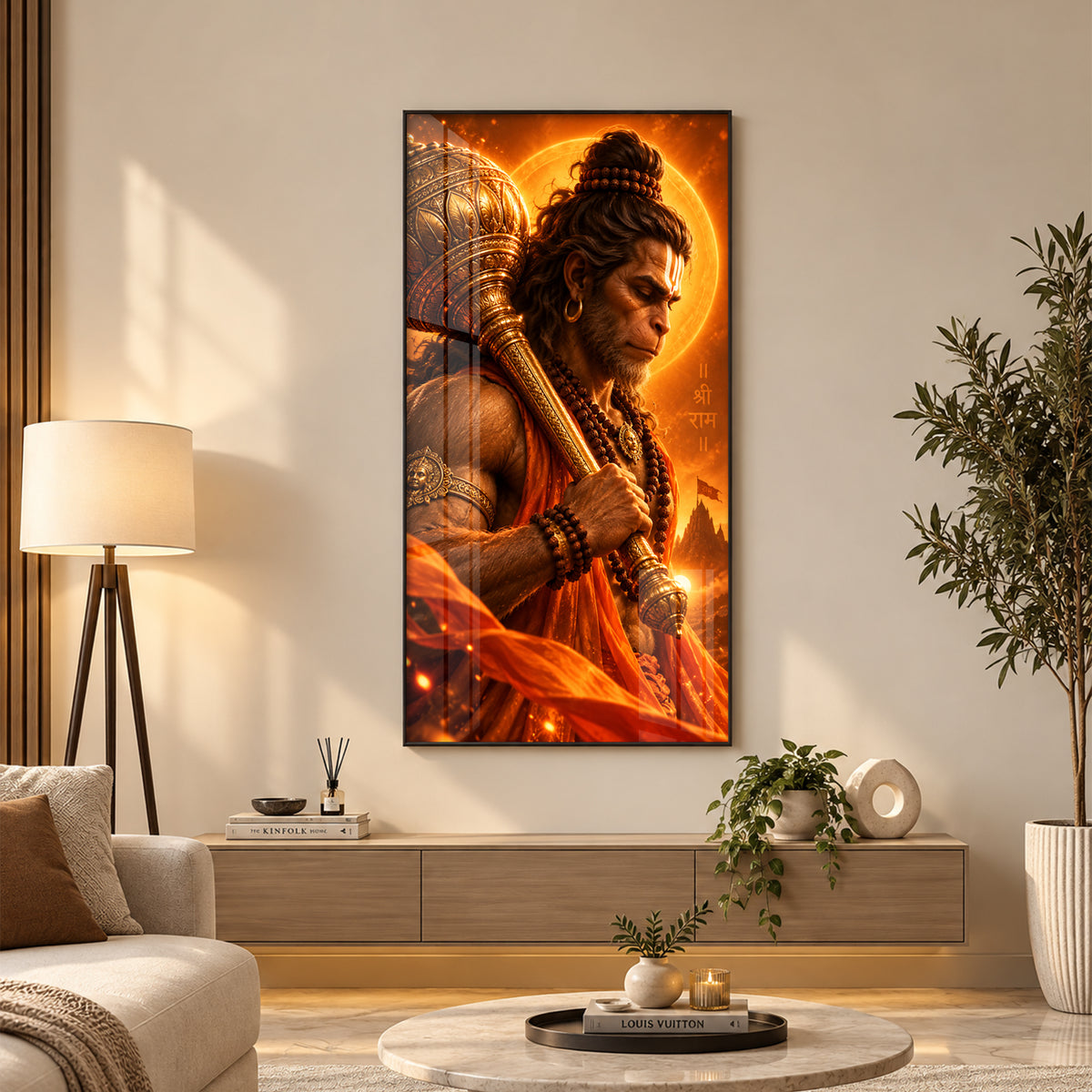 Hanuman With Golden Gada Premium Acrylic Vertical Wall Art