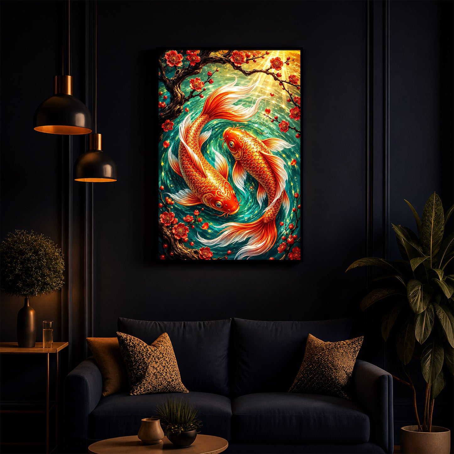 Two Beautiful Koi Fish Modern Luxury Backlight Vertical Wall Art