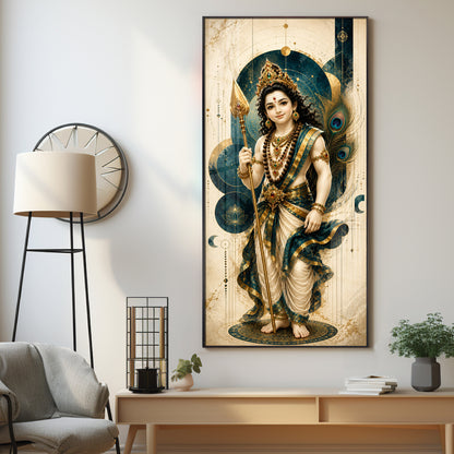 Sacred Lord Murugan & Peacock Feather Premium Acrylic Vertical Wall Art
