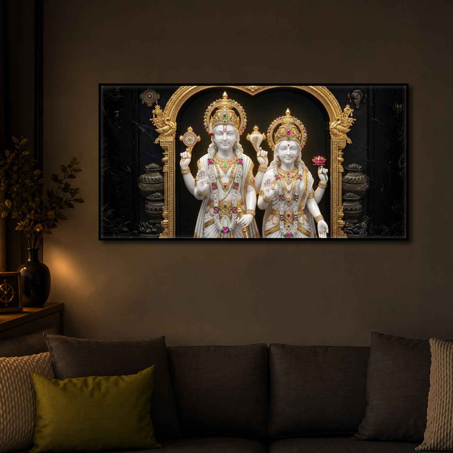 Lord Vishnu & Goddess Lakshmi Modern Luxury Backlight Horizontal Wall Art
