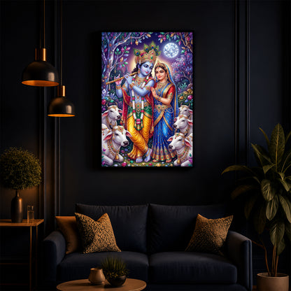 Lord Radha Krishna With Flute Modern Luxury Backlight Vertical Wall Art