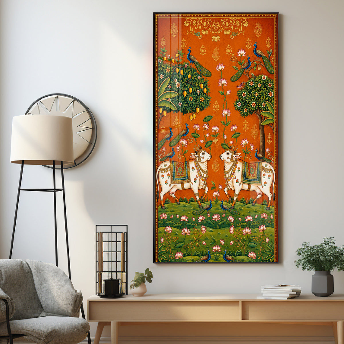 Traditional Pichwai Sacred Cows & Peacocks Premium Acrylic Vertical Wall Art