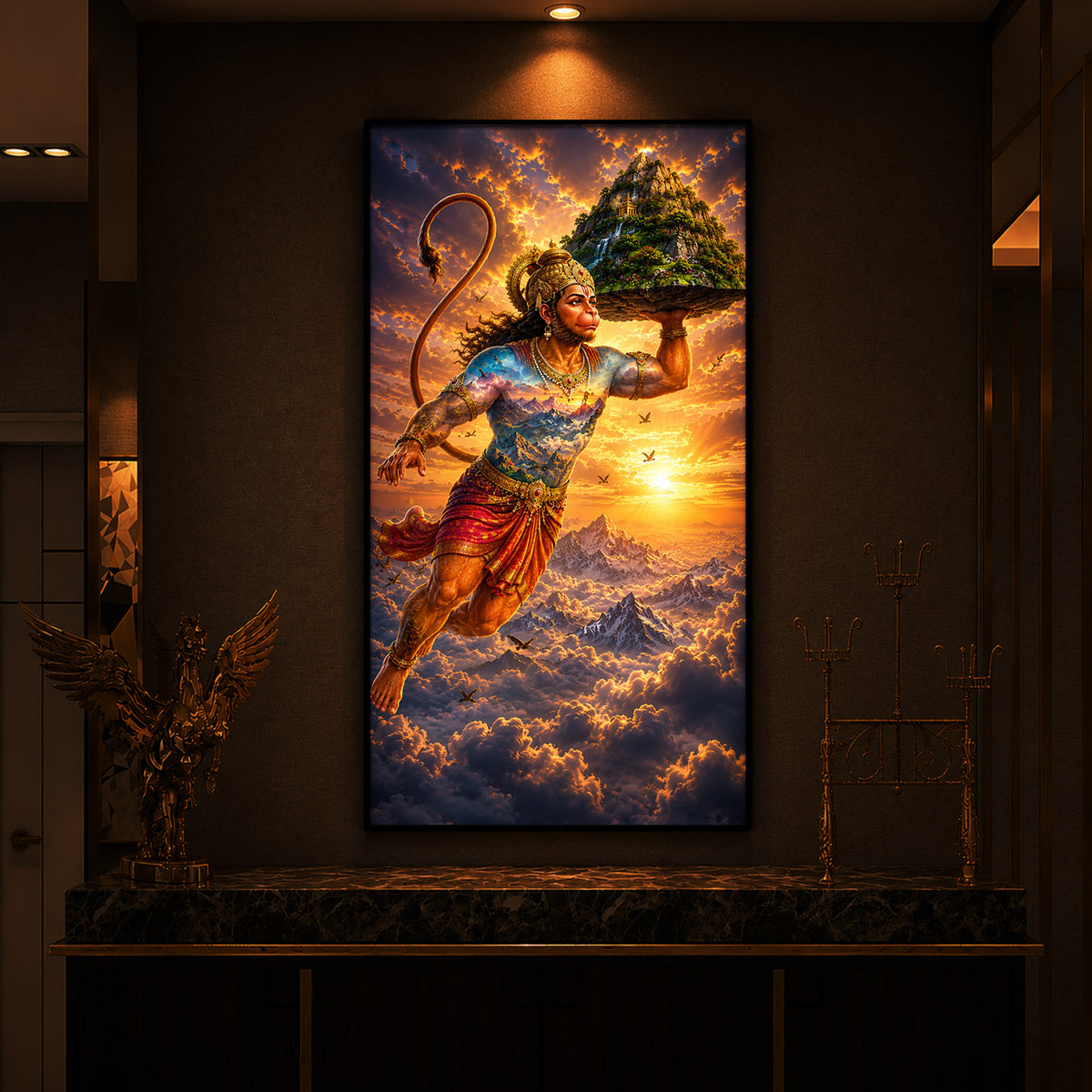 Lord Hanuman Carrying Sanjeevani Mountain Modern Luxury Backlight Vertical Wall Art