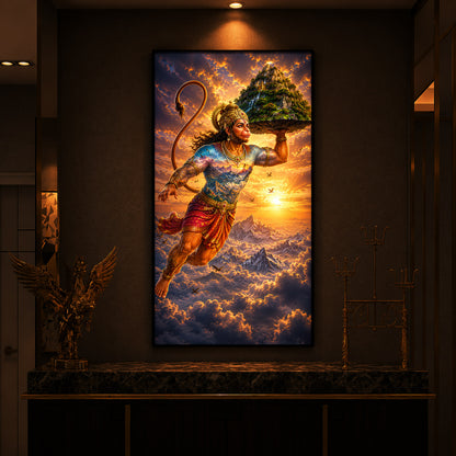 Lord Hanuman Carrying Sanjeevani Mountain Modern Luxury Backlight Vertical Wall Art
