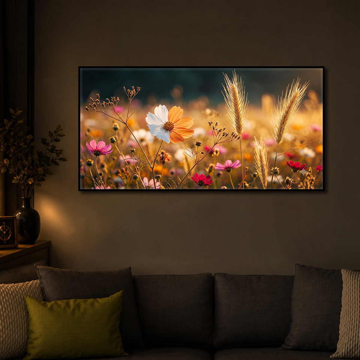 Golden Wildflower Meadow Modern Luxury Backlight Horizontal Wall Art