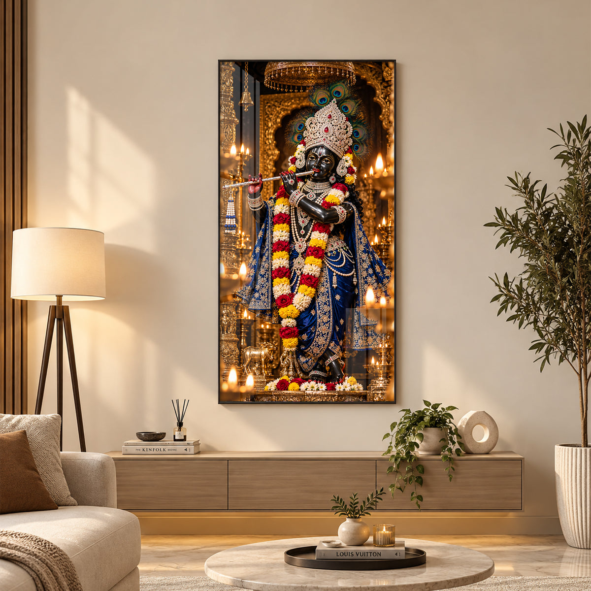 Krishna with Flute in Sanctuary Premium Acrylic Vertical Wall Art