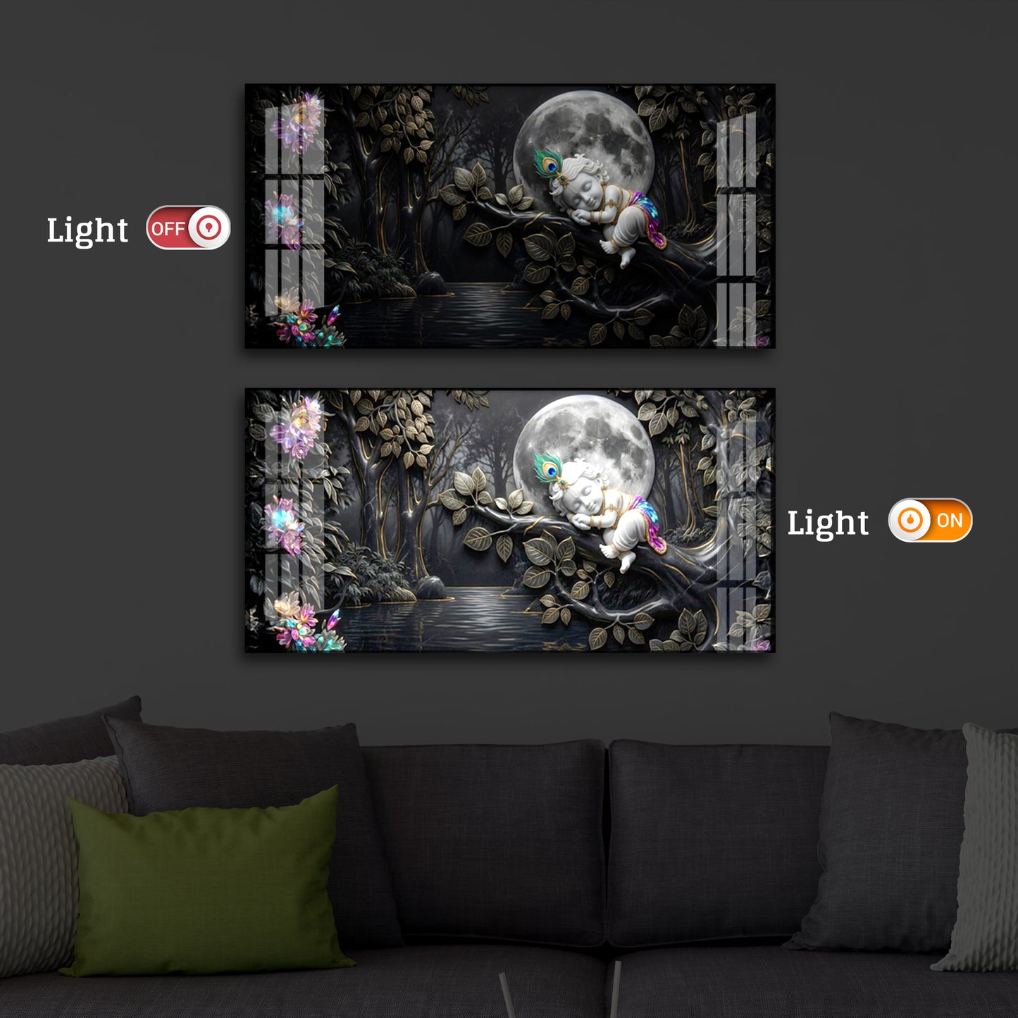 Divine Lord Little Krishna Modern Luxury Backlight Horizontal Wall Art