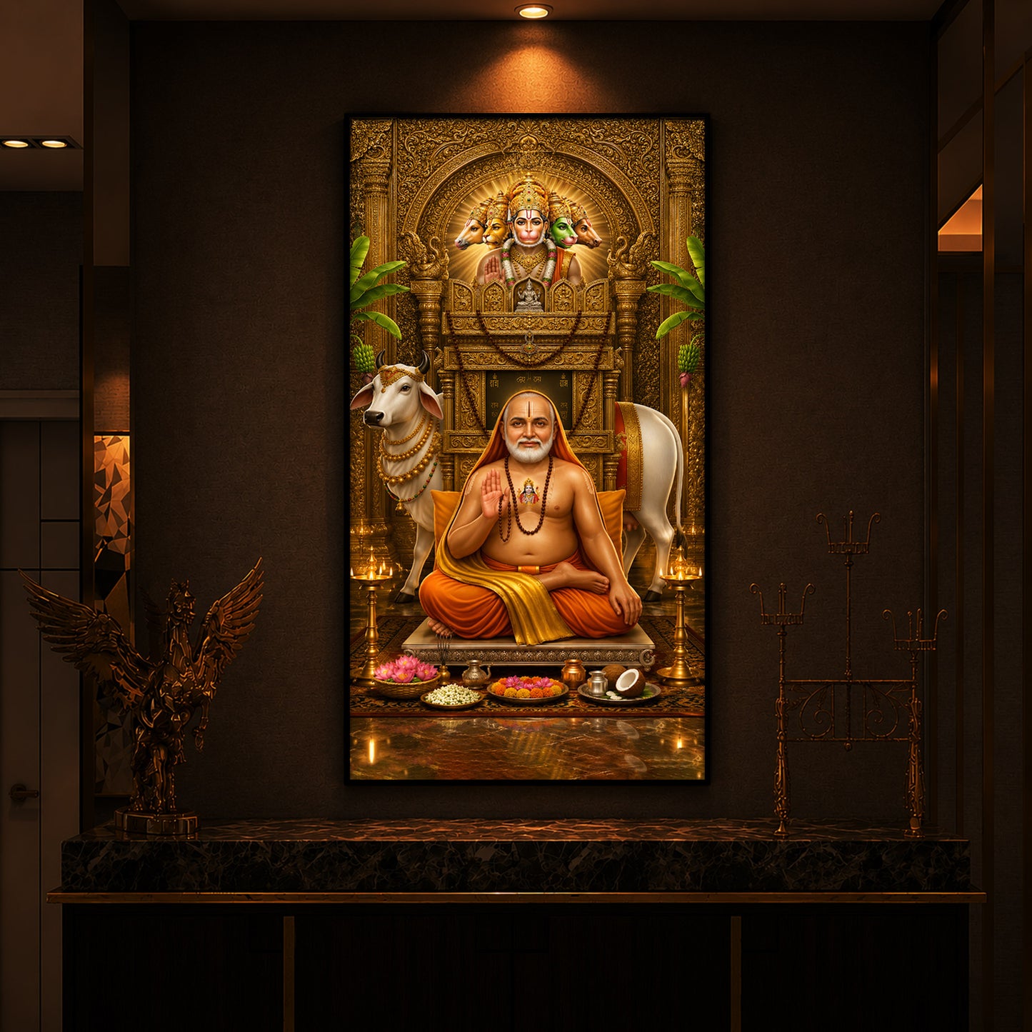 Sri Raghavendra Swamy With Cow Modern Luxury Backlight Vertical Wall Art