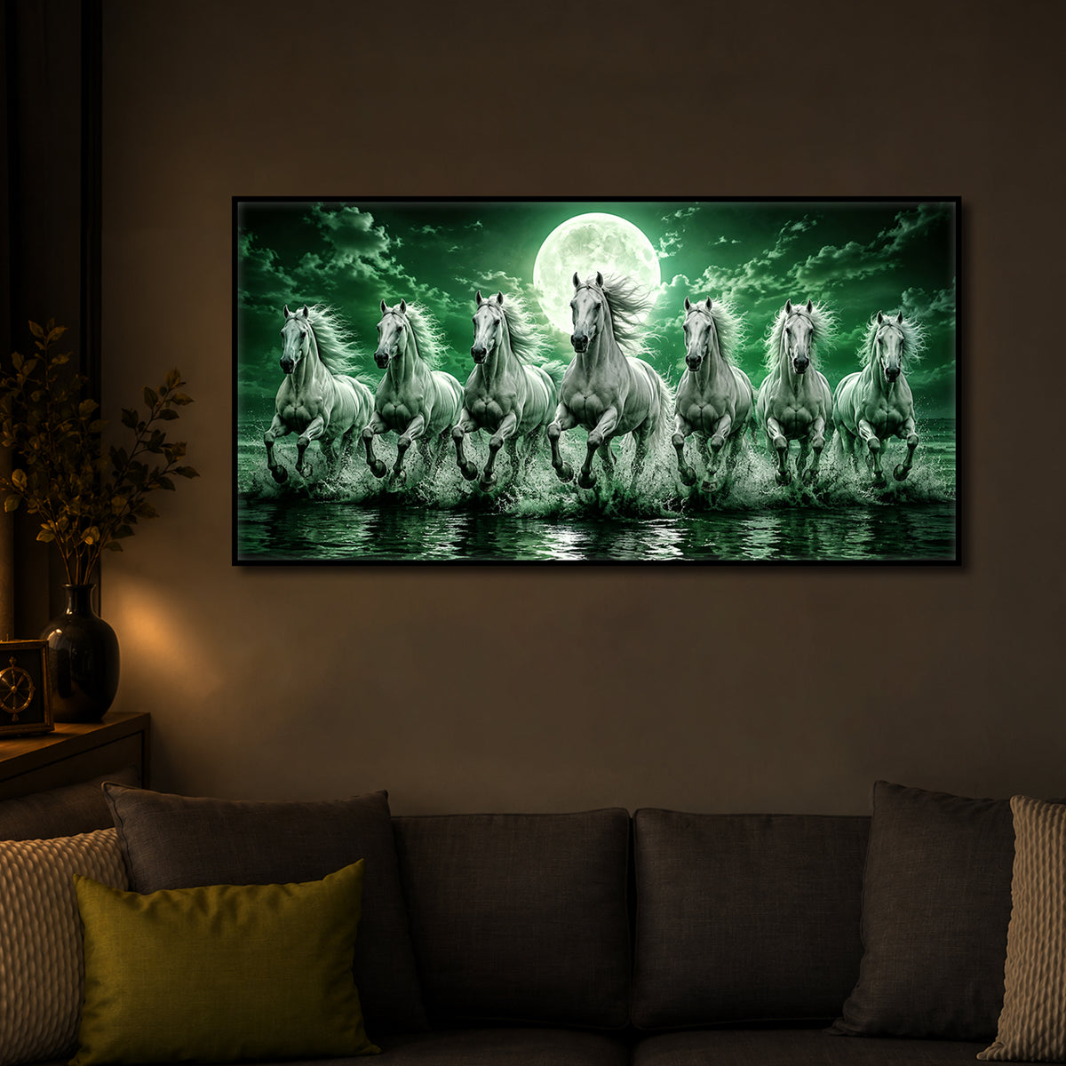 7 Running Horses With Green Backdrop Modern Luxury Backlight Horizontal Wall Art