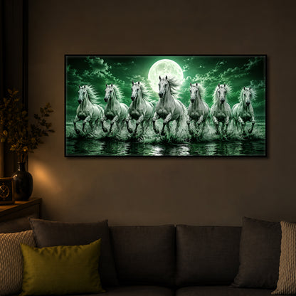 7 Running Horses With Green Backdrop Modern Luxury Backlight Horizontal Wall Art