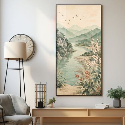 Serene Mountain Lake & Blossom Premium Acrylic Vertical Wall Art