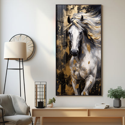 White Horse with Golden Gleam Premium Acrylic Vertical Wall Art