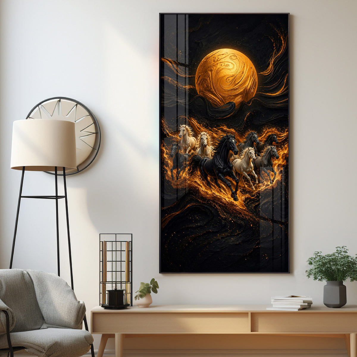 Majestic Running Horses & Golden Moon Premium Acrylic Vertical Wall Art