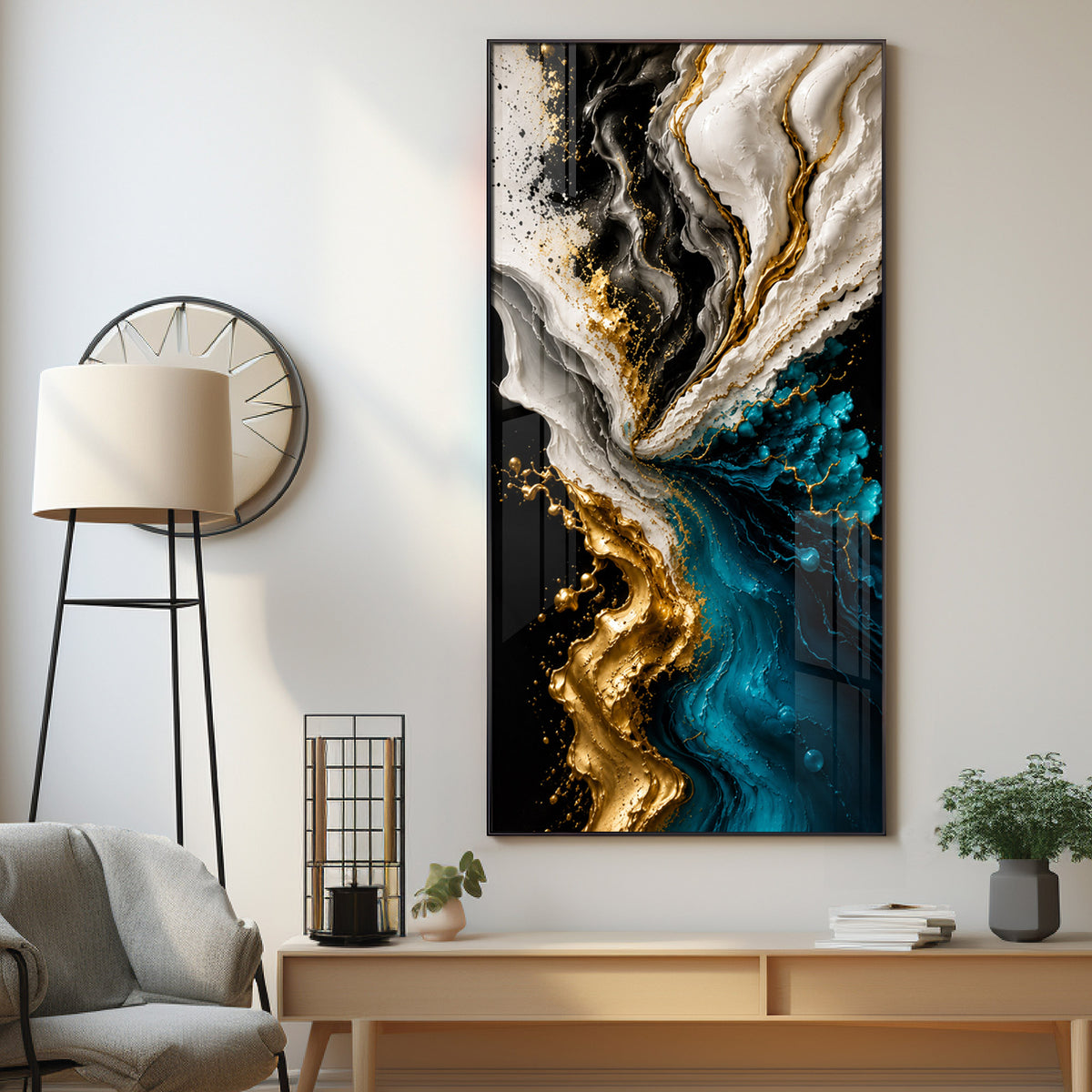 Abstract Fluid Liquid Marble & Gold Splash Premium Acrylic Vertical Wall Art