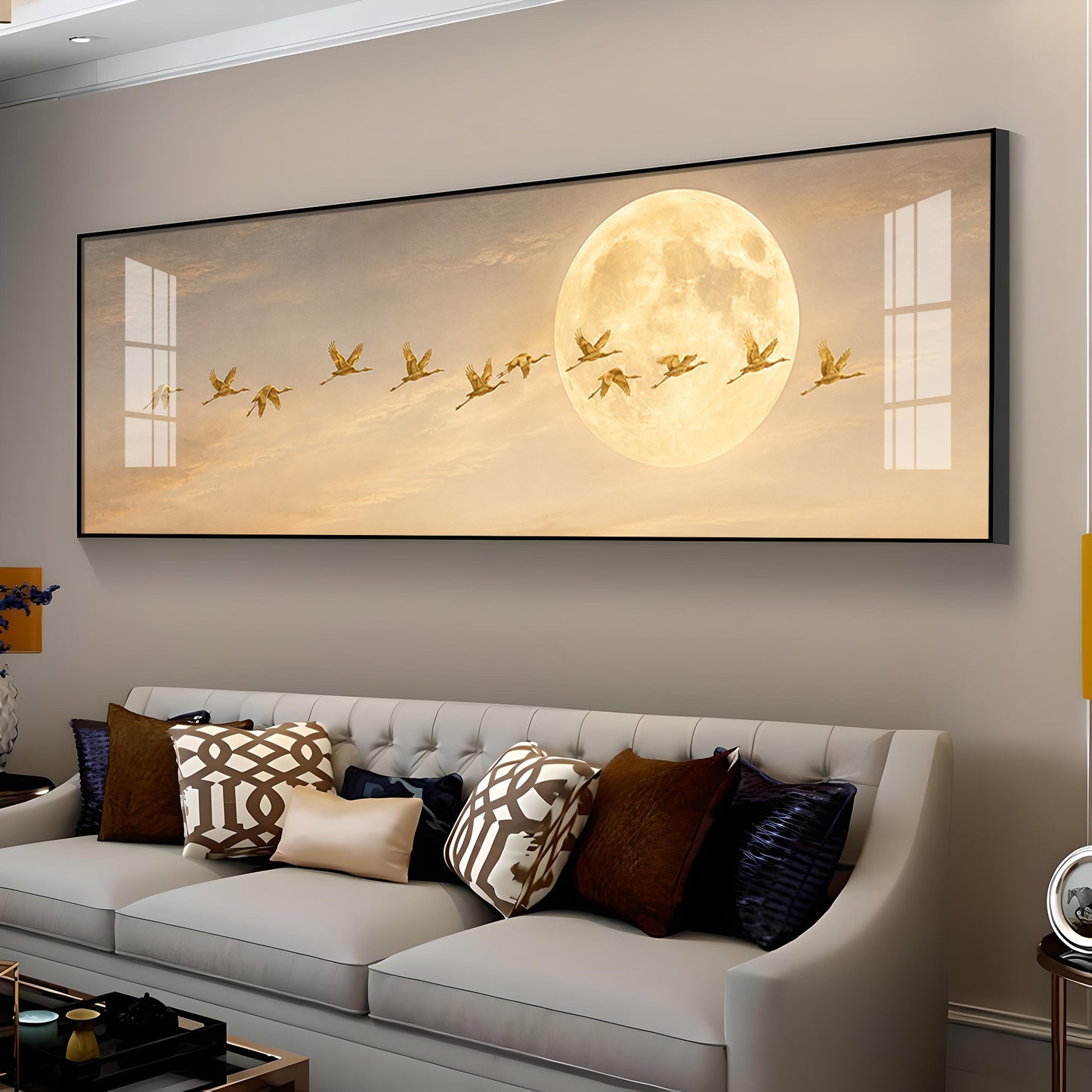 Golden Flying Cranes Full Moon Premium Acrylic Horizontal Wall Art