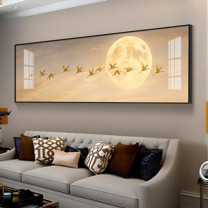 Golden Flying Cranes Full Moon Premium Acrylic Horizontal Wall Art