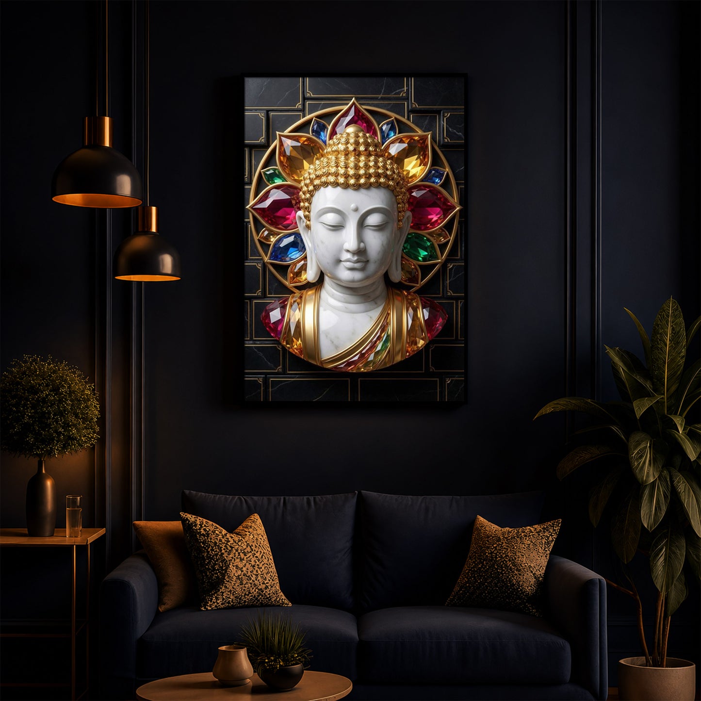 White Buddha Face Modern Luxury Backlight Vertical Wall Art