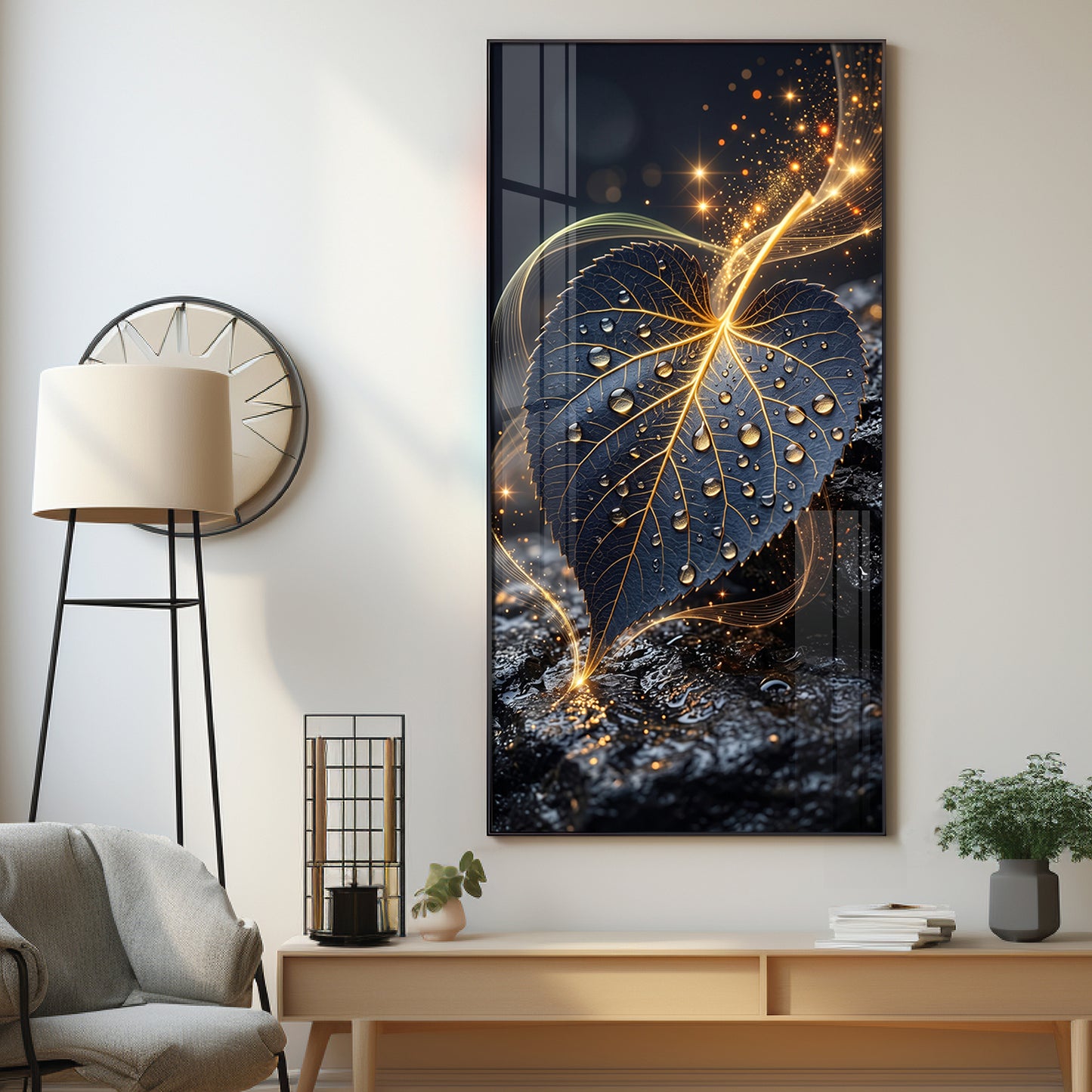 Golden Water Droplet Leaf Premium Acrylic Vertical Wall Art