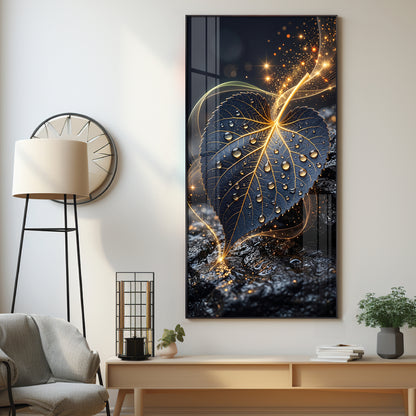 Golden Water Droplet Leaf Premium Acrylic Vertical Wall Art