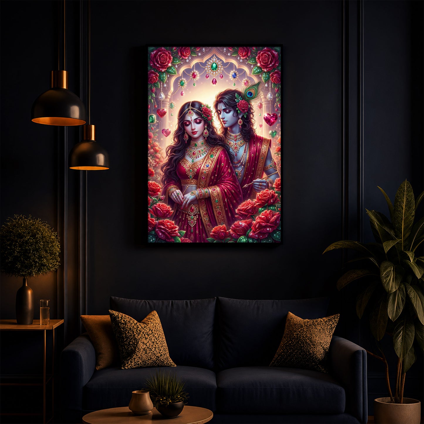 Radha Krishna Surrounded By Red Roses Modern Luxury Backlight Vertical Wall Art