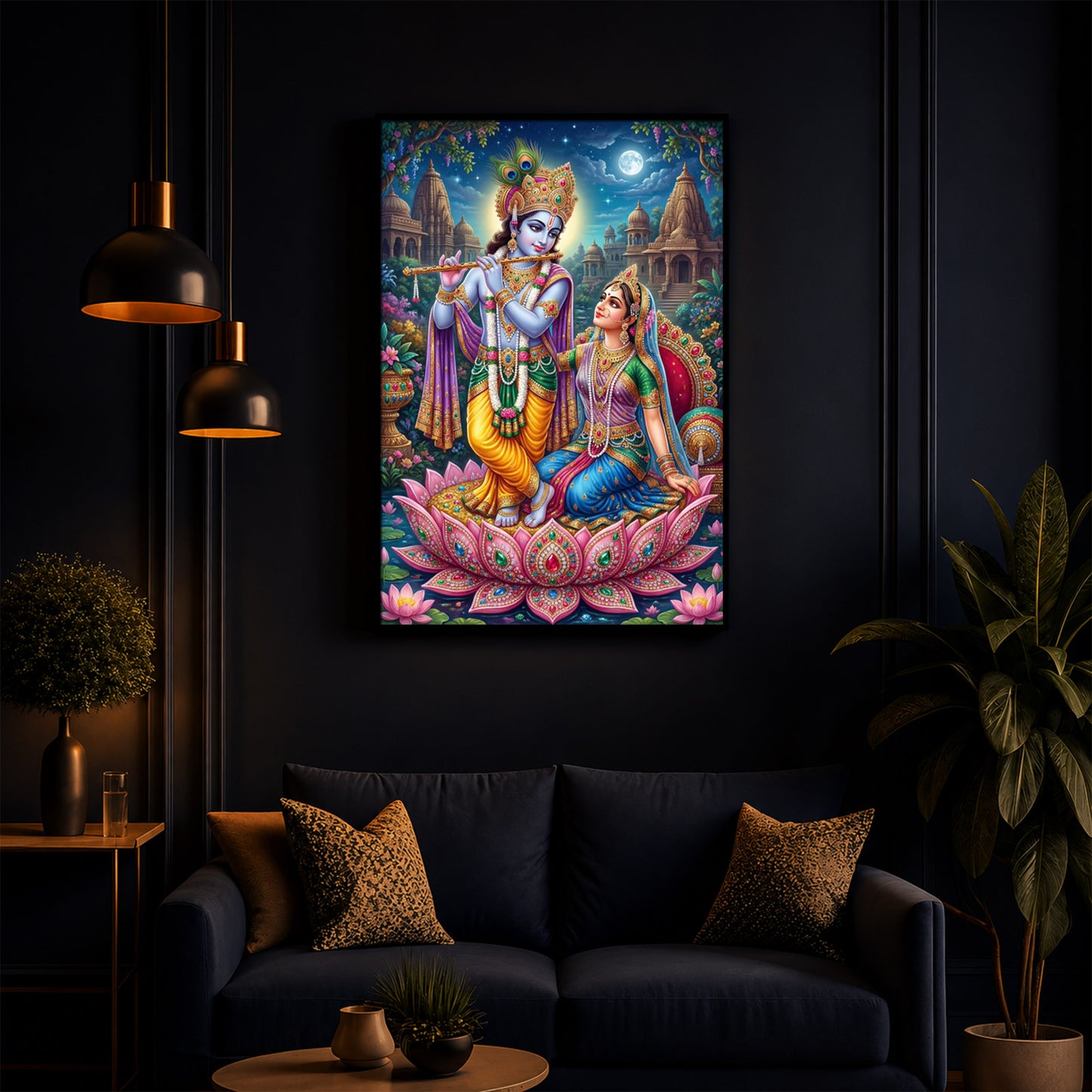 Goddess Radha and God Krishna Modern Luxury Backlight Vertical Wall Art