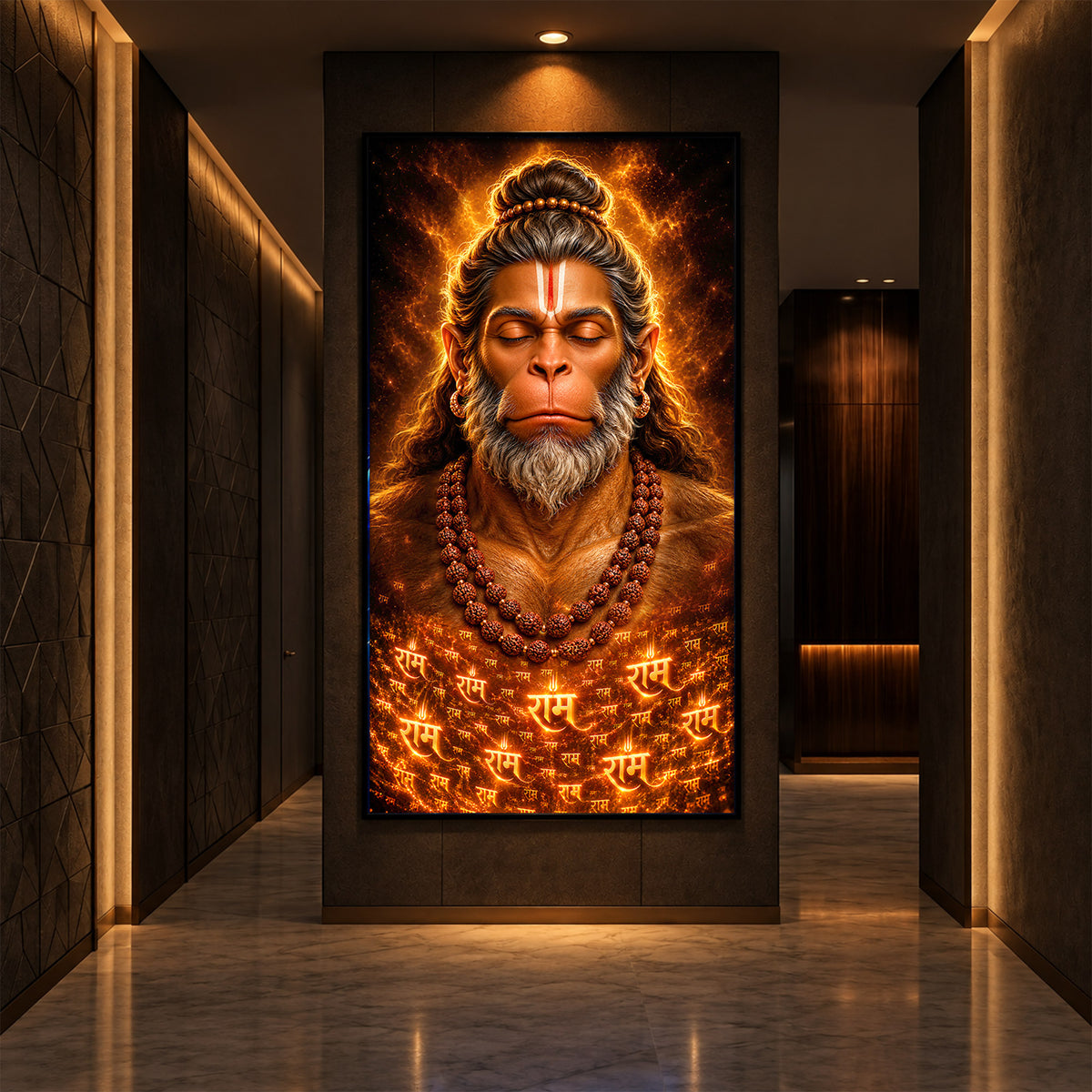 Divine Bajrangbali Meditating Modern Luxury Backlight Vertical Wall Art