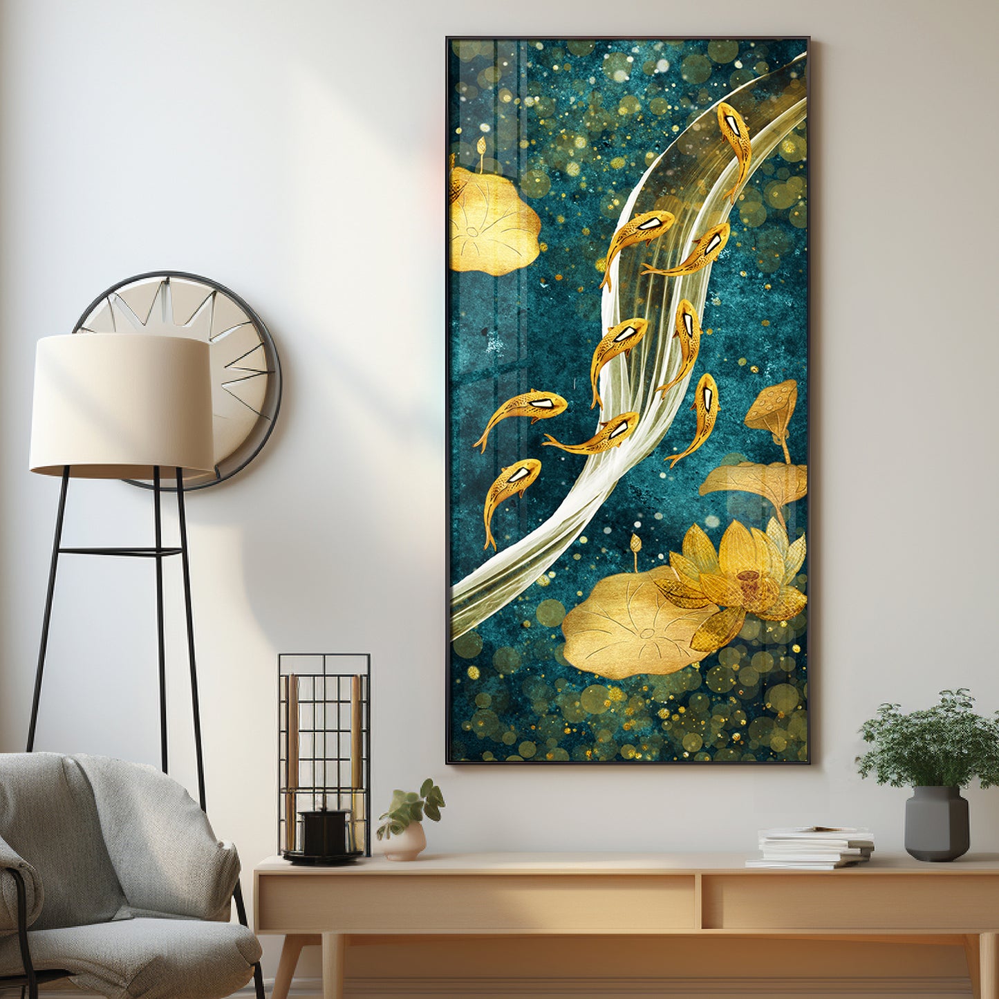 Modern Golden Koi Fish & Lotus Premium Acrylic Vertical Wall Art