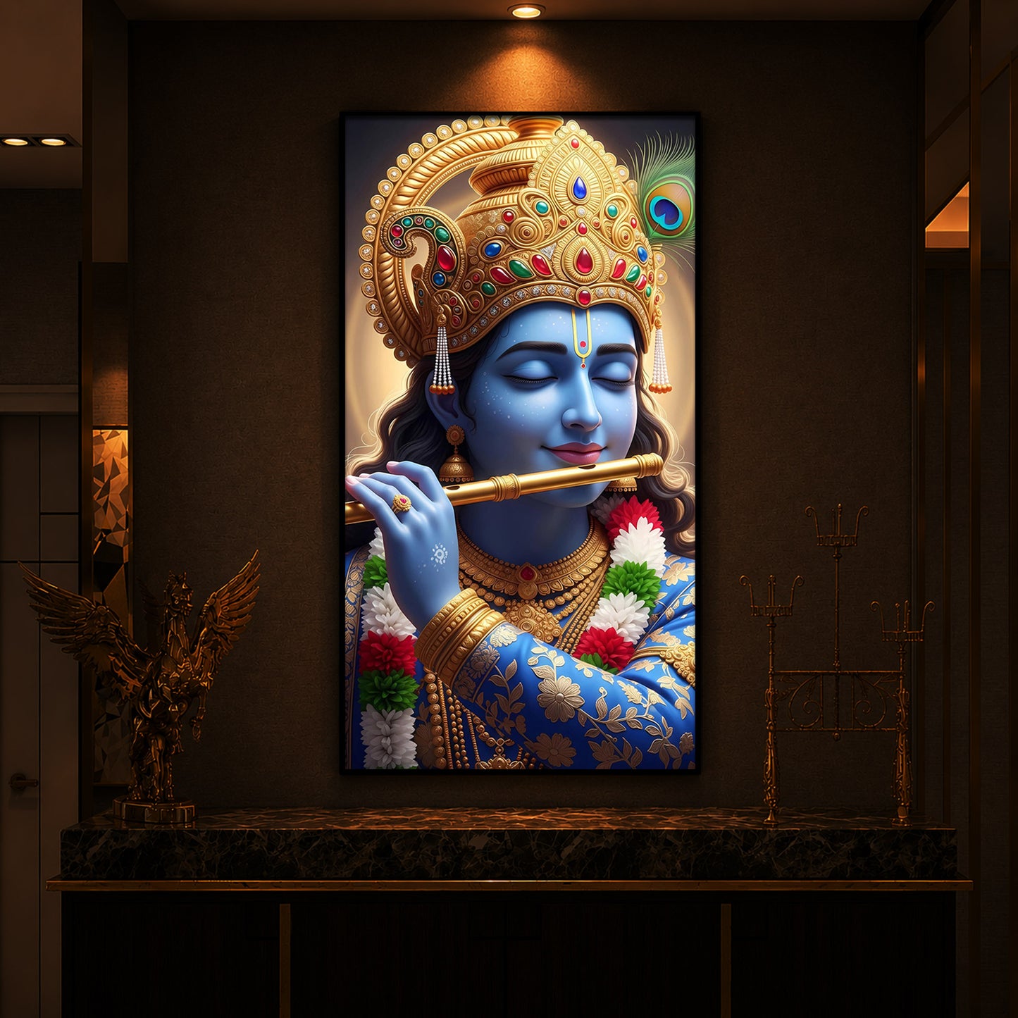 Lord Krishna Modern Luxury Backlight Vertical Wall Art
