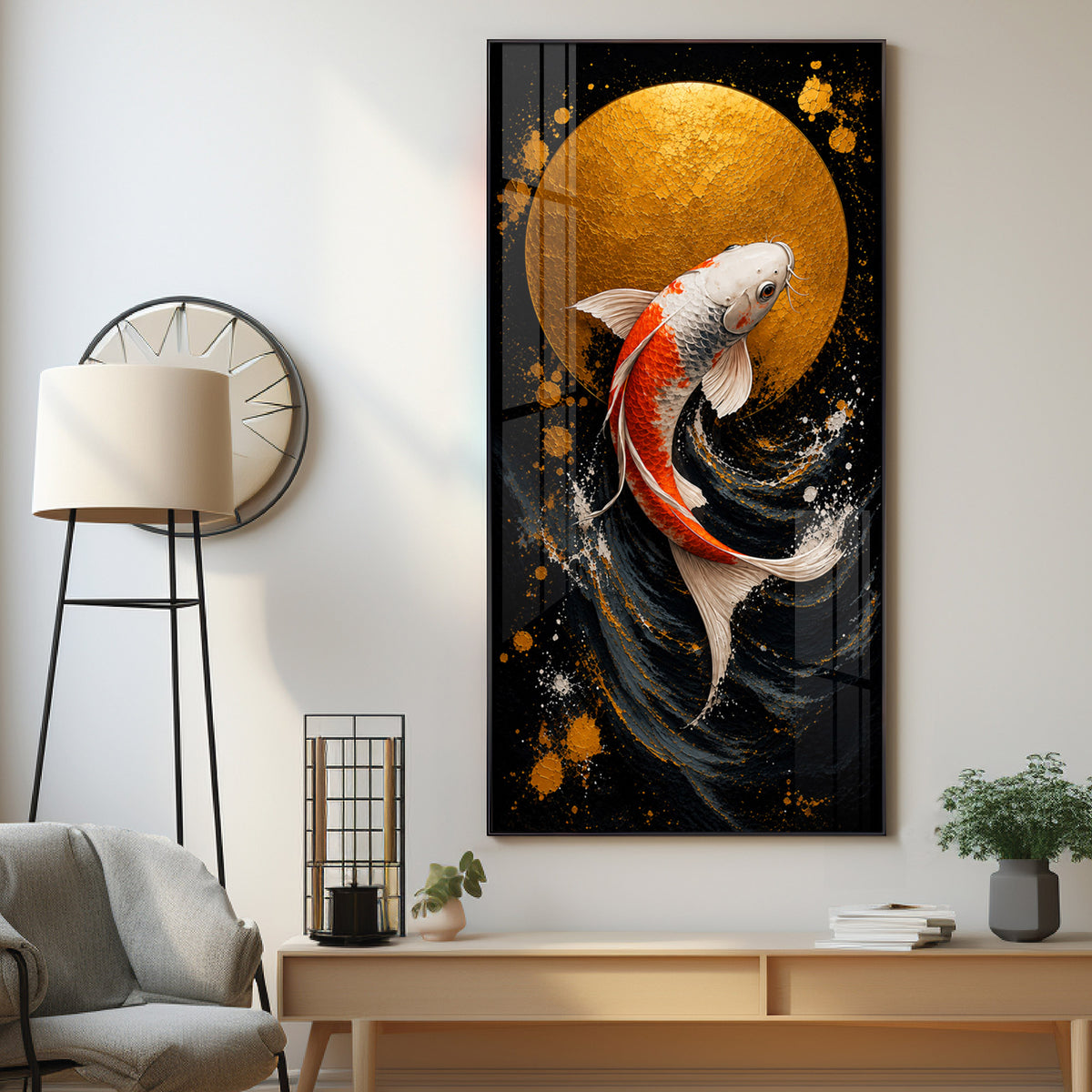 Golden Moon & Swimming Koi Fish Premium Acrylic Vertical Wall Art