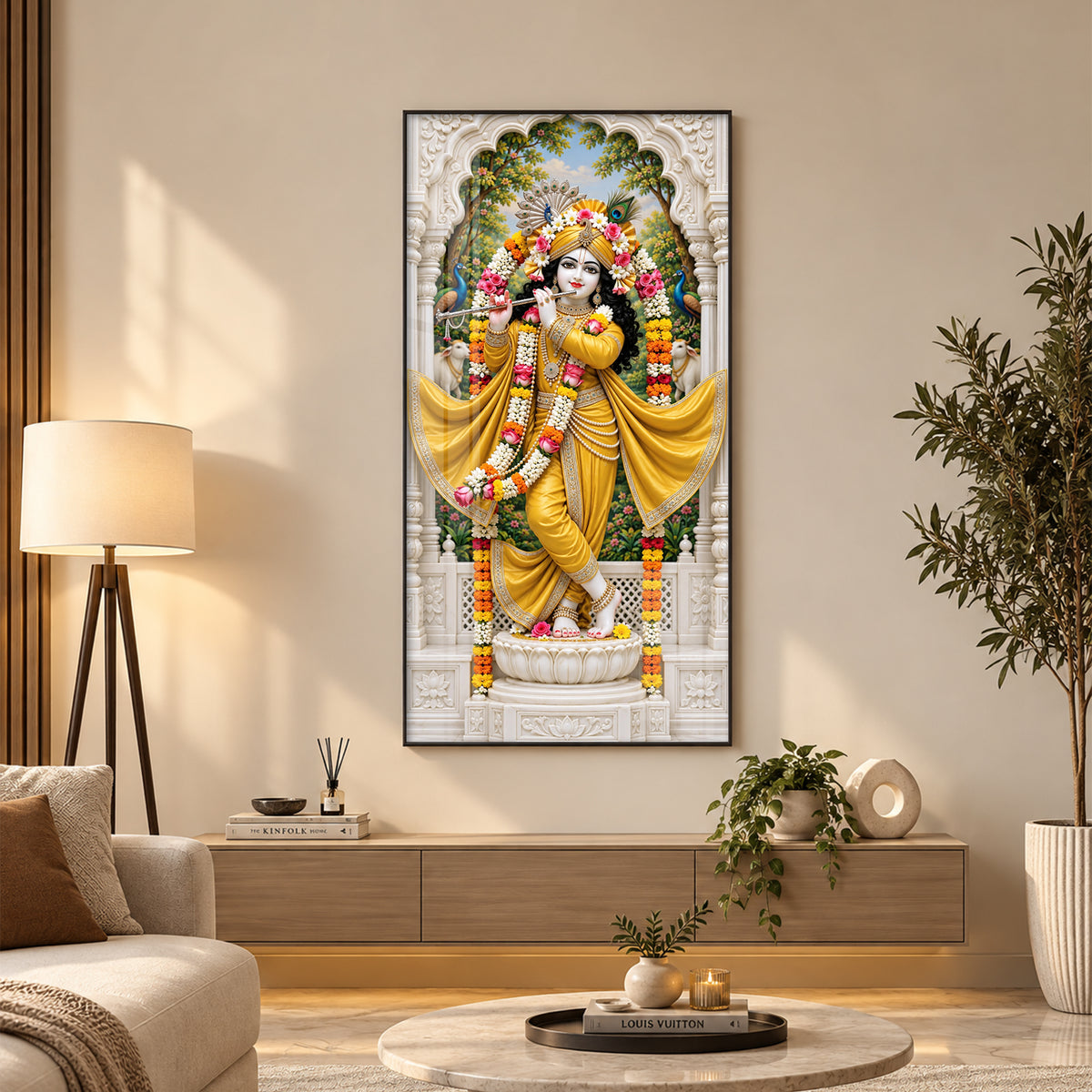 Krishna in Yellow Dress Premium Acrylic Vertical Wall Art